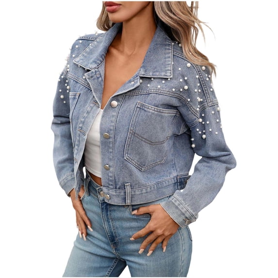 Gfyviroh Women's Cropped Denim Jacket Long Sleeve Button Front Trendy Jean Outerwear Casual Streetwear Turn Down Collar Jacket