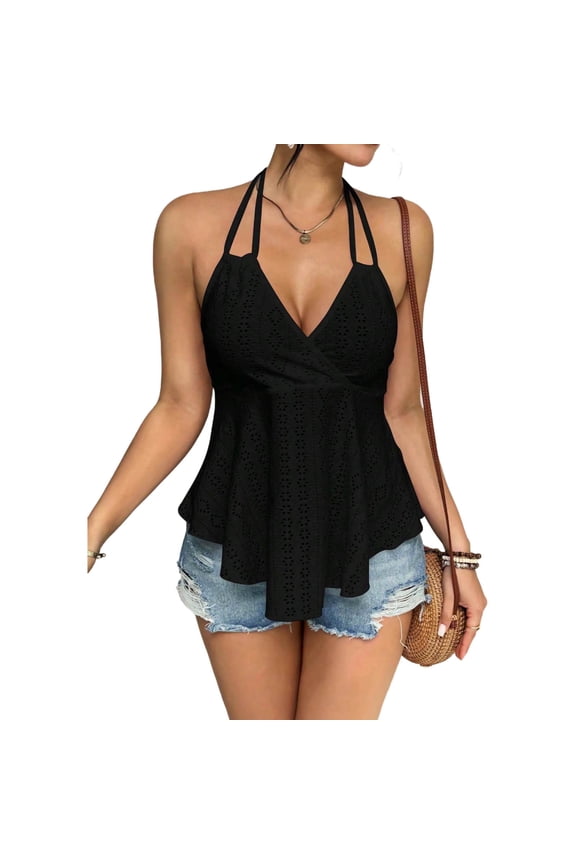 Women's Cute Halter Tops Tie Back V-Neck Hollow Out Peplum Blouse Solid Summer Stylish Flowy Shirts