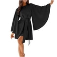 thumbnail image 1 of Gfyviroh Women's Dresses Loose Solid Color Crewneck Zip Dresses Puffy Long Sleeve Knee Length Belted Dresses, 1 of 6