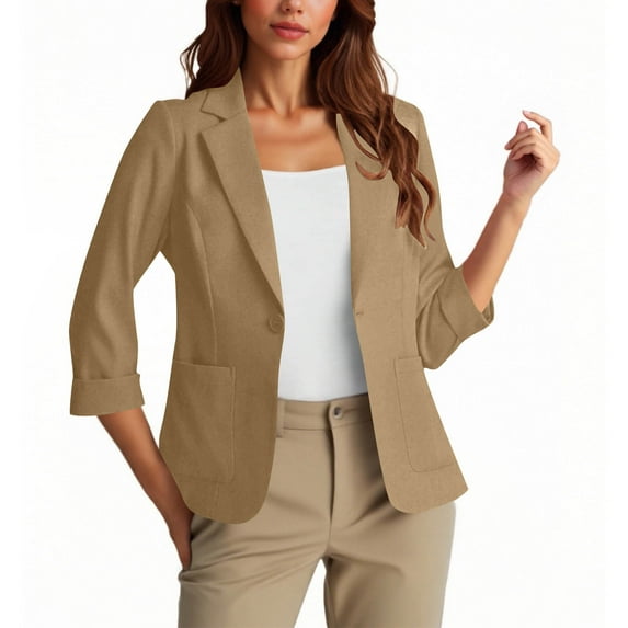 Gfyviroh Women's Dressy Blazers Lightweight Solid Color 3/4 Sleeve Outerwear Lapel Button Open Front Pockets Blazer Jackets