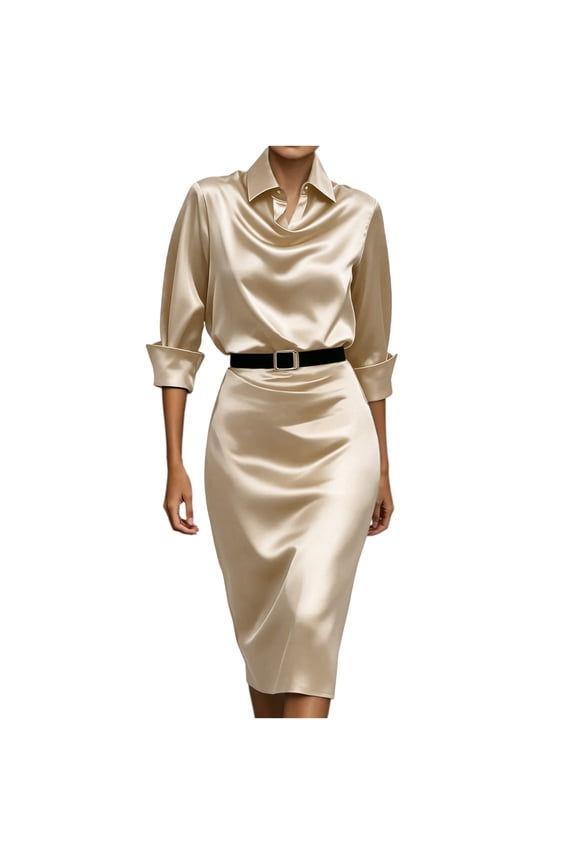 Women's Elegant Satin Dress Collared Cowl Neck Long Sleeve Formal Dress Soft Comfy Office Business Pencil Dress
