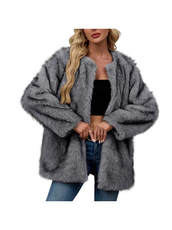 Women's Faux Fur Coats Plush Cozy Winter Warm Mid-length Coats Long Sleeve Open Front Trendy Jackets