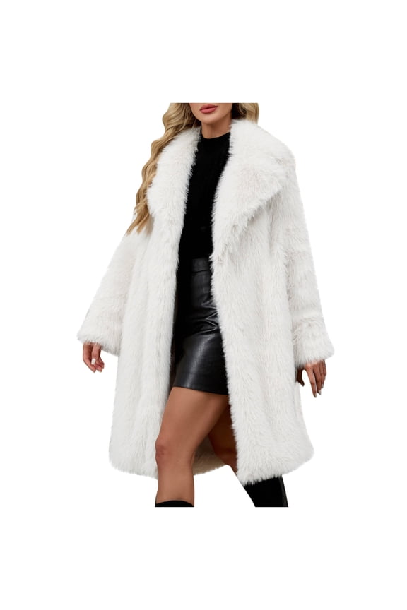 Women's Faux Fur Coats Plush Cozy Winter Warm Mid-length Coats Long Sleeve Open Front Trendy Jackets