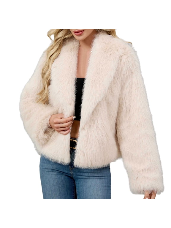 Women's Faux Fur Outerwear Winter Soft Comfortable Long Sleeve Fluffy Jackets Loose Plus Size Crew Neck Warm Coats
