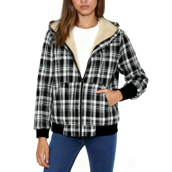 Gfyviroh Women's Fleece Lined Jackets Trendy Plaid Zip Up Drawstring Hooded Coats Plus Size Winter Long Sleeve Outerwear with Pockets