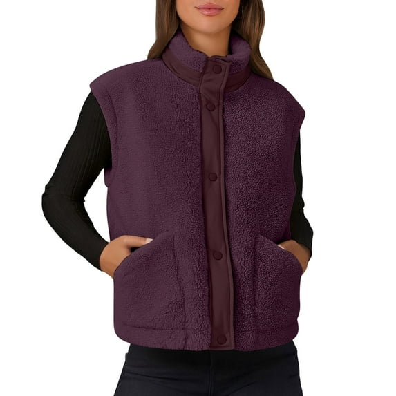 Gfyviroh Women's Fleece Vest Jackets Patchwork Snap Button Sleeveless Jackets with Pockets Stand Collar Lightweight Outerwear Coats