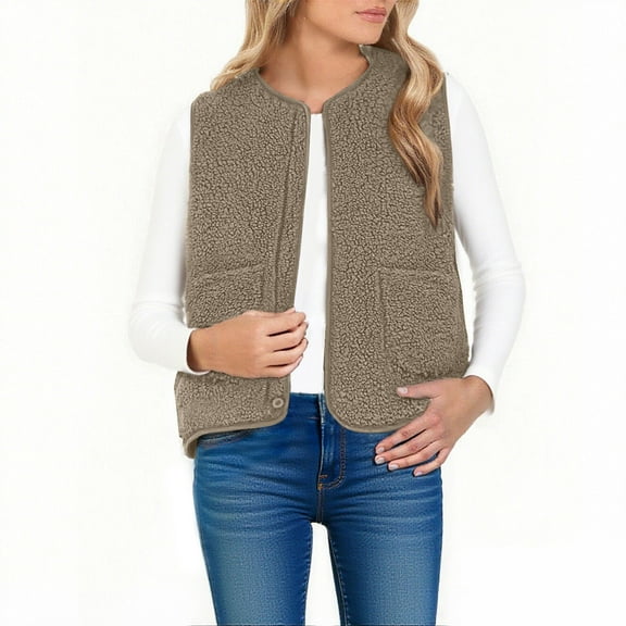 Gfyviroh Women's Fleece Vest Open Front Casual Lightweight Cardigan Jackets with Pocket Fuzzy Sleeveless Comfortable Outerwear