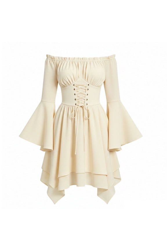 Women's Halloween Party Dress Boho Ruffle Tiered Mini Dress Bell Long Sleeve Fashion Flowy Flare Dress