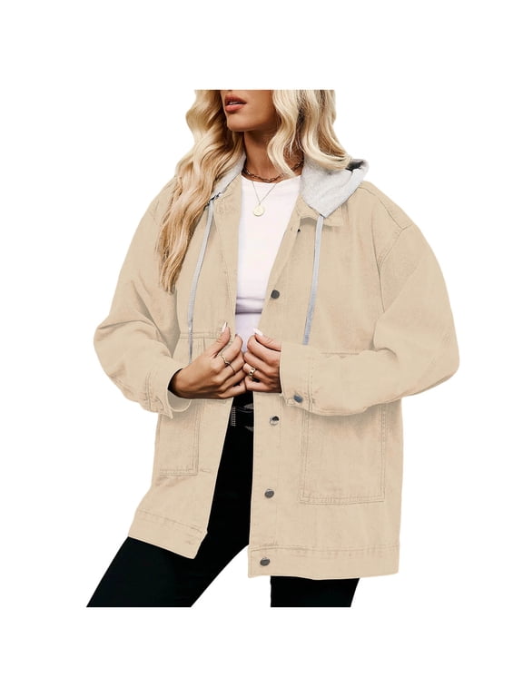 Women's Hooded Denim Jackets Oversized Button Front Casual Outerwear Drawstring Hood Patchwork Fashion Jean Jacket