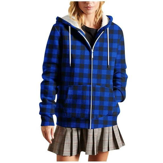 Gfyviroh Women's Hooded Zip Up Jackets Casual Comfortable Long Sleeve Drawstring Outerwear Trendy Plaid Pockets Fleece Lined Jackets