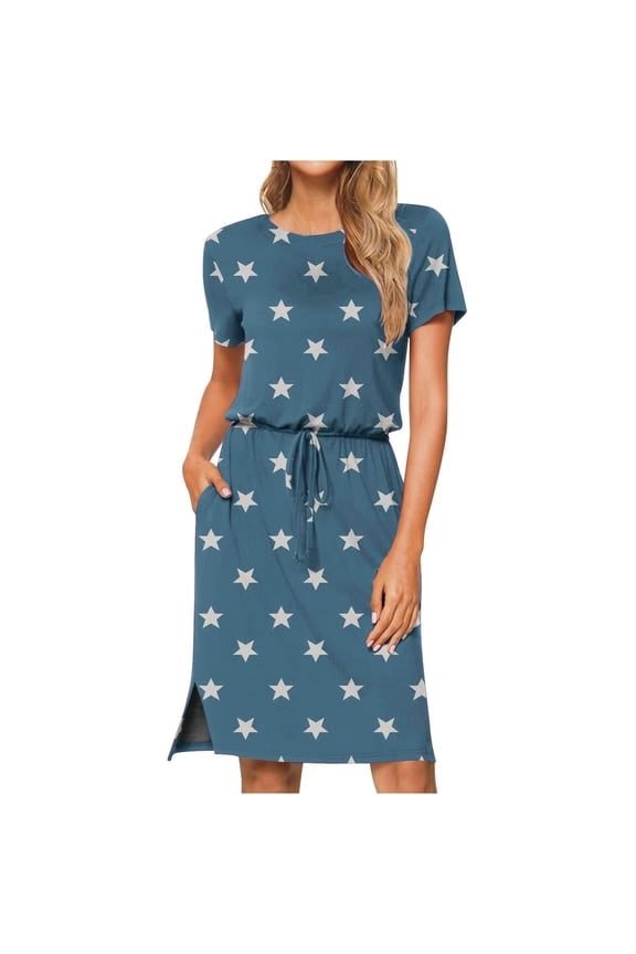 Women's Knee Length Dresses Short Sleeve Printing Drawstring Tunic Dresses Side Slit Casual Crewneck Dresses