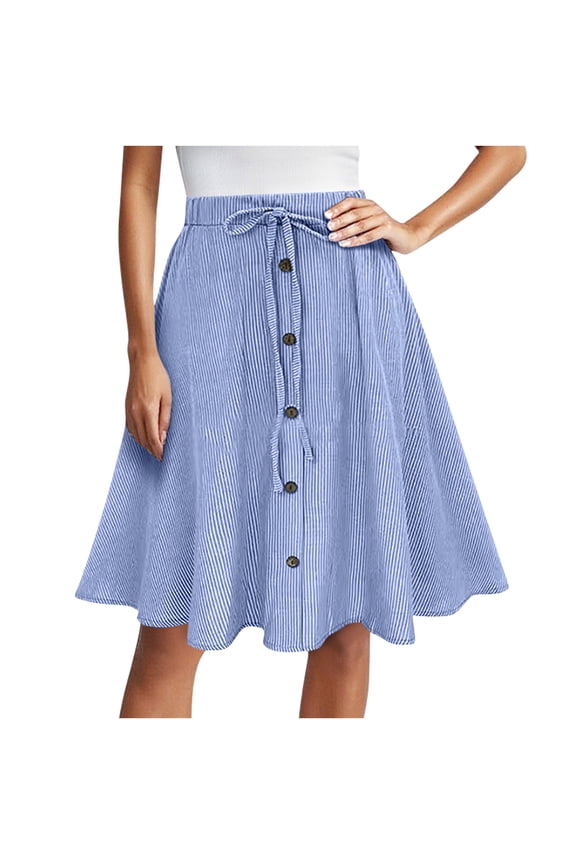 Women's Knee Length Skirts Drawstring High Waist Trendy Strips Skirts Button Elastic Waist Casual A-Line Skirts