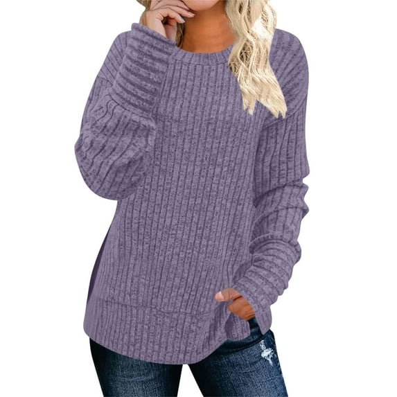 Gfyviroh Women's Knit Shirts Ribbed Solid Color Tunic Pullover Tops Trendy Long Sleeve Crewneck Casual Loose Tops