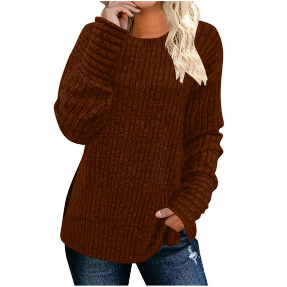 Gfyviroh Women's Knit Shirts Ribbed Solid Color Tunic Pullover Tops Trendy Long Sleeve Crewneck Casual Loose Tops