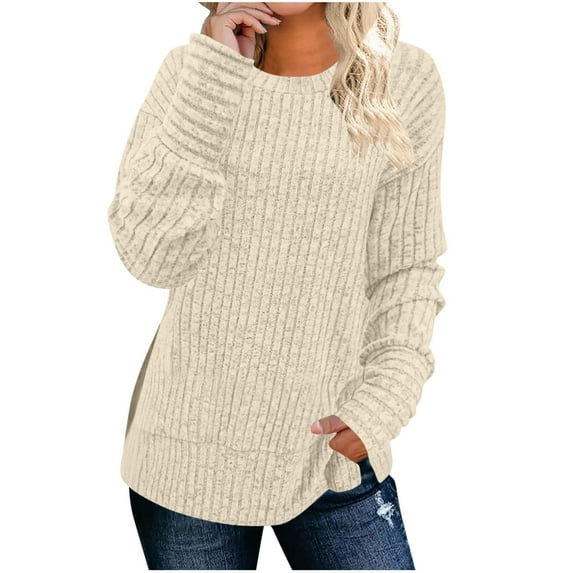 Gfyviroh Women's Knit Shirts Ribbed Solid Color Tunic Pullover Tops Trendy Long Sleeve Crewneck Casual Loose Tops
