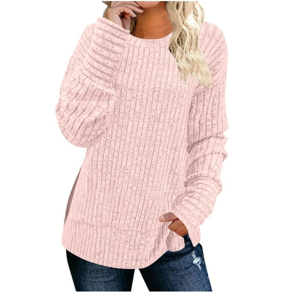 Gfyviroh Women's Knit Shirts Ribbed Solid Color Tunic Pullover Tops Trendy Long Sleeve Crewneck Casual Loose Tops