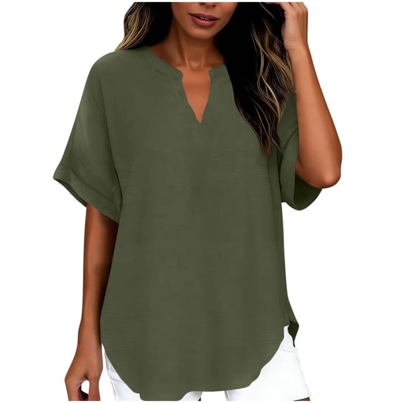 Gfyviroh Women's Lightweight Tops Notch V-Neck Curved Hem Loose Blouse Casual Pullover Short Sleeve Shirt
