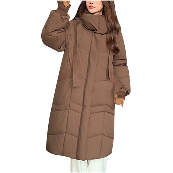 Gfyviroh Women's Long Coats Snap Button Zip Up Patchwork Hooded Jackets Winter Casual Long Sleeve Warm Solid Color Down Jackets