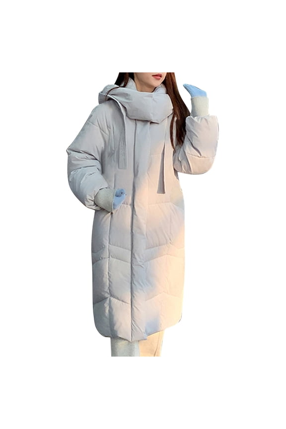 Women's Long Coats Snap Button Zip Up Patchwork Hooded Jackets Winter Casual Long Sleeve Warm Solid Color Down Jackets