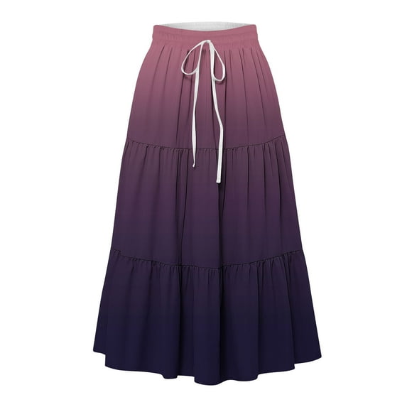 Gfyviroh Women's Long Skirts Gradient Color Drawstring A-Line Skirts High Elastic Waist Ruffled Hem Midi Skirts
