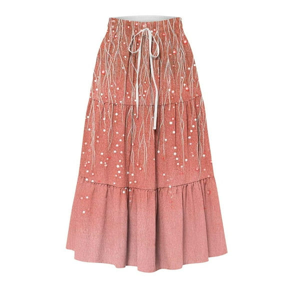 Gfyviroh Women's Long Skirts Gradient Color Drawstring A-Line Skirts High Elastic Waist Ruffled Hem Midi Skirts