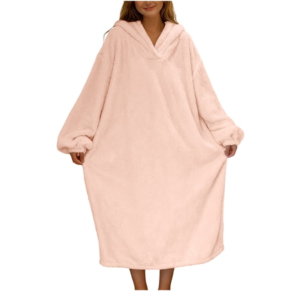 Gfyviroh Women's Long Sleeve Flannel Nightgowns Fleece Loose Fit Cute Hooded Nightshirts Casual Solid Sleepwear Loungewear Nightdress