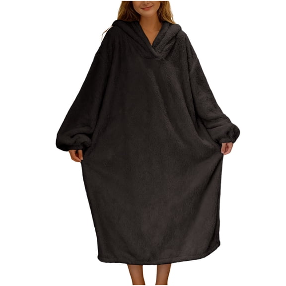 Gfyviroh Women's Long Sleeve Flannel Nightgowns Fleece Loose Fit Cute Hooded Nightshirts Casual Solid Sleepwear Loungewear Nightdress