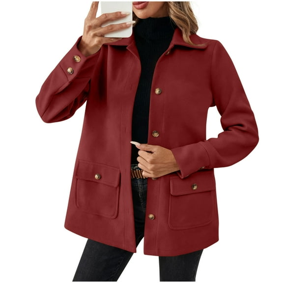 Gfyviroh Women's Long Sleeve Jackets Wool Blend Turn-down Collar Outerwear Button Pockets Long Sleeve Casual Comfortable Jackets