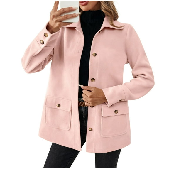 Gfyviroh Women's Long Sleeve Jackets Wool Blend Turn-down Collar Outerwear Button Pockets Long Sleeve Casual Comfortable Jackets