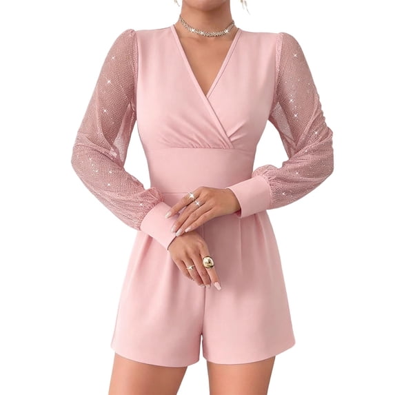 Gfyviroh Women's Long Sleeve Jumpsuits Dressy Casual Patchwork Tulle Sleeve Romper V-Neck Ruched Tummy Control Shorts Jumpsuits