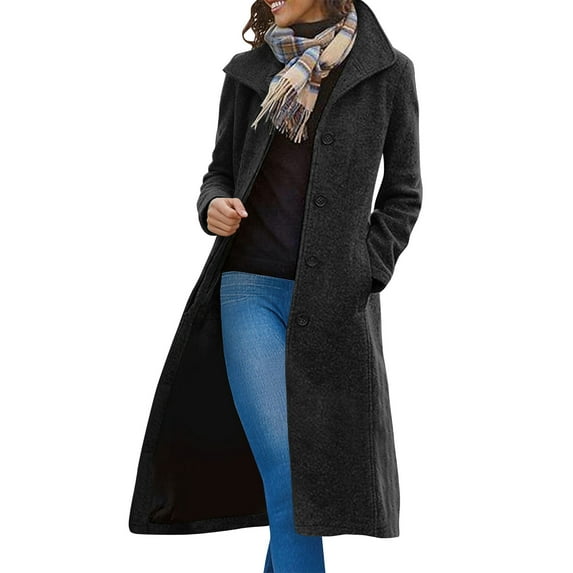 Gfyviroh Women's Long Wool Coats Turn-down Collar Comfortable Button Jackets with Pockets Solid Color Casual Long Sleeve Overcoats