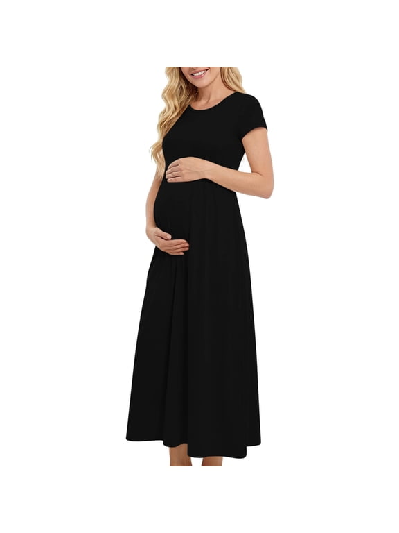 Women's Maternity Maxi T-Shirt Dress Short Sleeve Soft Casual Plain Dress Comfy Plus Size Pregnancy A-Line Dress