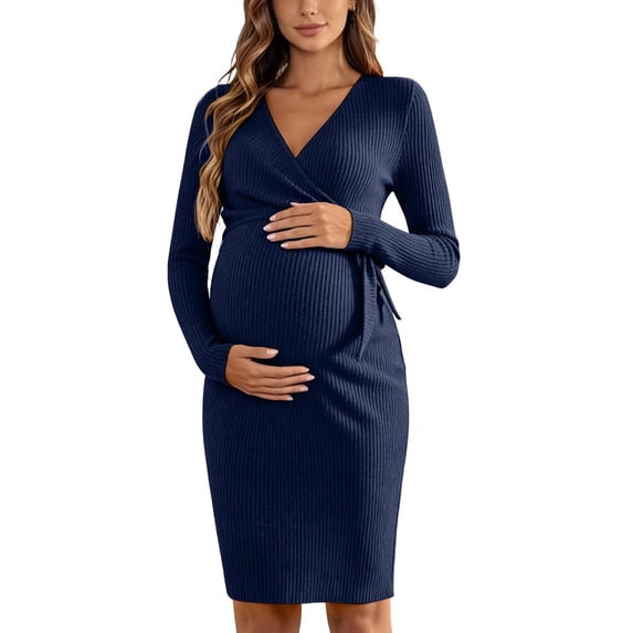 Gfyviroh Women's Maternity Wrap Dress Long Sleeve V-Neck Bow Tie Bodycon Dress Ribbed Knit Knee Length Pregnancy Nursing Dress for Women