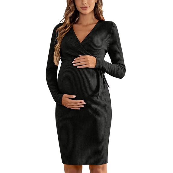Gfyviroh Women's Maternity Wrap Dress Long Sleeve V-Neck Bow Tie Bodycon Dress Ribbed Knit Knee Length Pregnancy Nursing Dress for Women