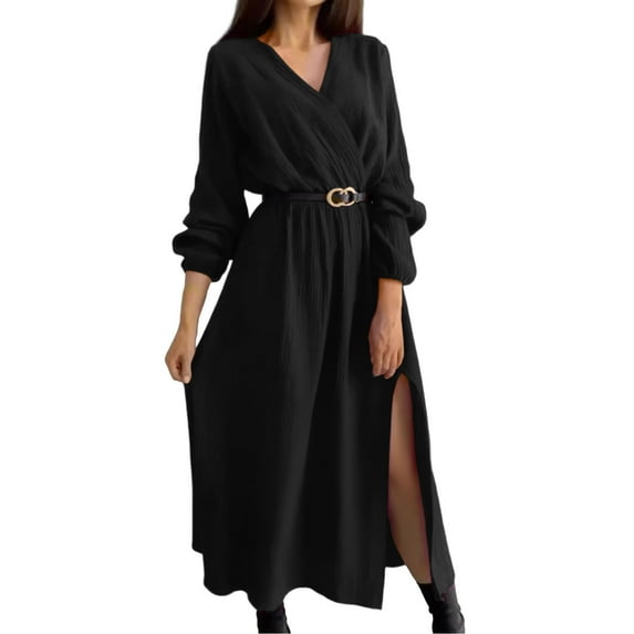 Gfyviroh Women's Maxi Dresses Casual Solid Color Long Sleeve Belted Dresses Loose Plus Size V Neck Side Slit Long Dresses