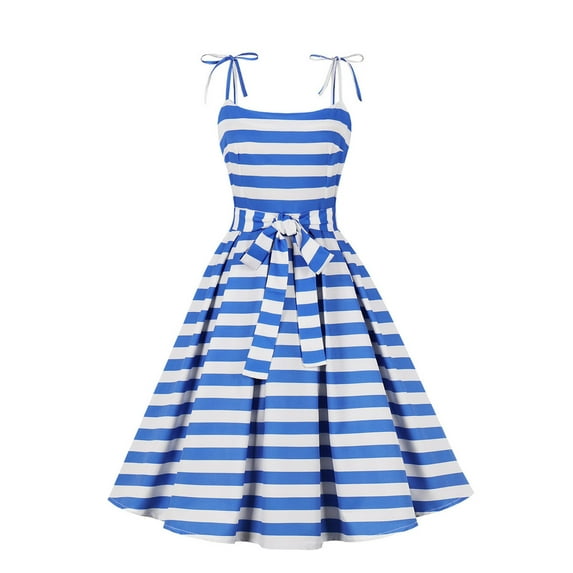 Gfyviroh Women's Midi Dresses Summer Spaghetti Strap Vintage Stripes Dresses Casual Belted A-Line Pleated Dresses
