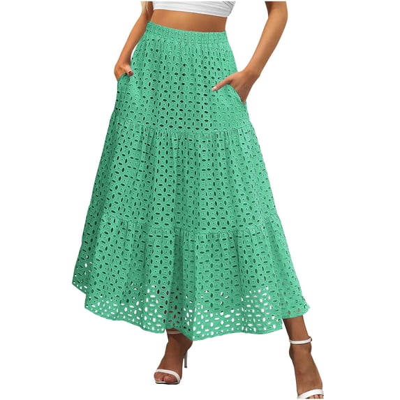 Gfyviroh Women's Midi Skirts Solid Color Pleated Ruffled Hem Flowy Skirts Casual High Waist Side Pockets A Line Skirts