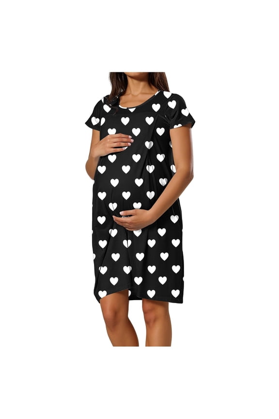 Women's Nursing Nightgowns Print Short Sleeve Breastfeeding Sleep Dress Loose Maternity T-Shirt Nightdress for Pregnancy and Postpartum