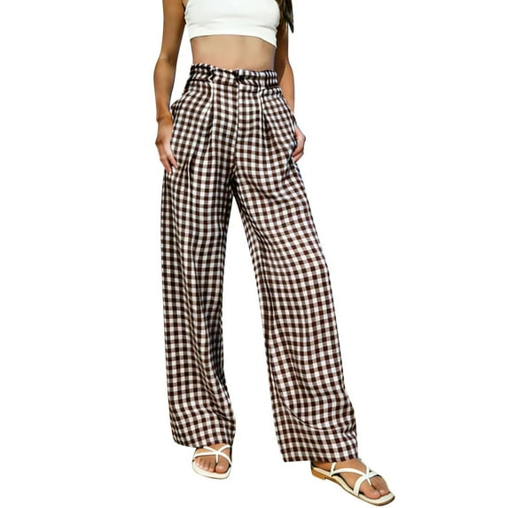 Gfyviroh Women's Plaid Pants Lightweight Button Pleated Elastic Waist Pants High Rise Casual Pockets Trousers
