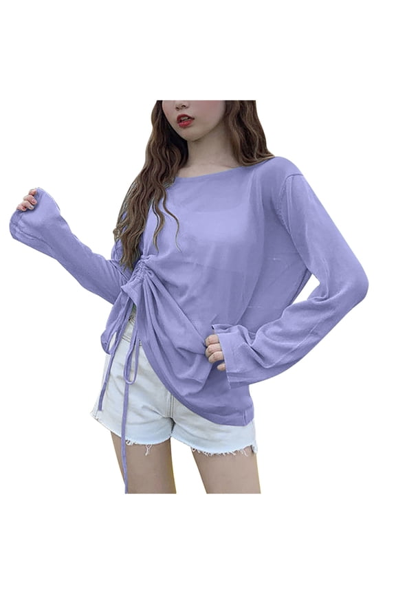 Women's Plus Size Cover Ups Solid Long Sleeve Swimwear Cover Ups Tie Side Ruched Swim Tops