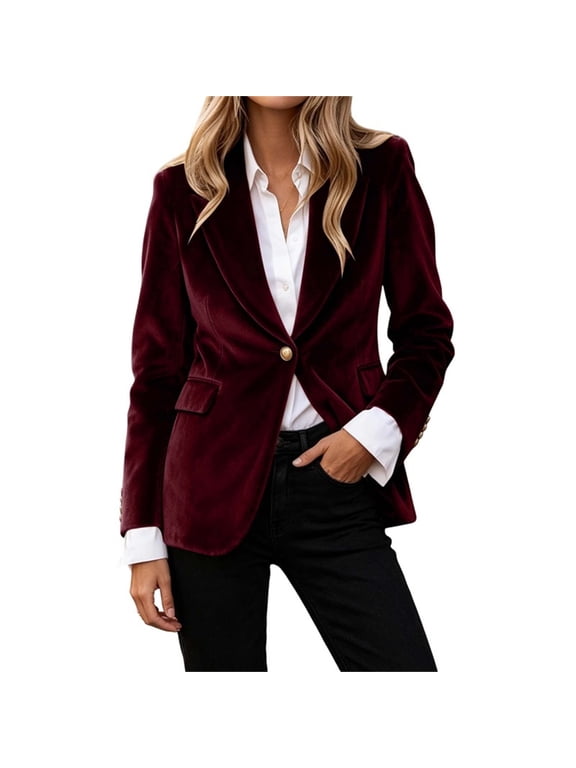 Women's Plus Size Velvet Blazers Long Sleeve Tailored Single Button Suit Jacket Comfy Lightweight Casual Business Jackets