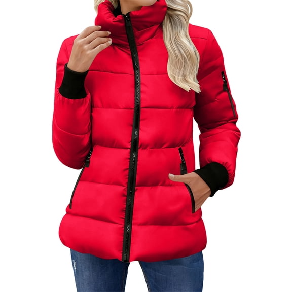 Gfyviroh Women's Puffer Jackets Stand Collar Full Zip Winter Coats with Zipper Pockets Long Sleeve Quilted Down Coats