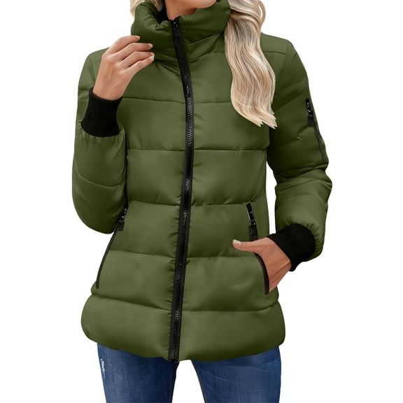 Gfyviroh Women's Puffer Jackets Stand Collar Full Zip Winter Coats with Zipper Pockets Long Sleeve Quilted Down Coats