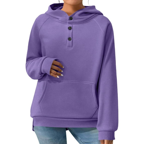 Gfyviroh Women's Pullover Hoodies Button Long Sleeve Casual Sweatshirts Solid Color Lightweight Sweatshirts with Front Pocket