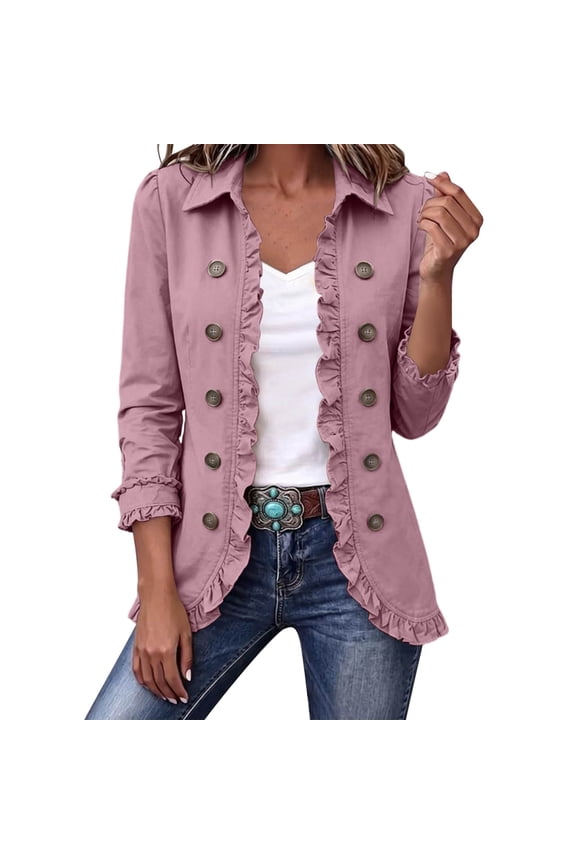 Women's Ruffle Trim Fall Jacket Stylish Double Button Detail Open Front Boho Jackets Plus Size Casual Lightweight Outerwear