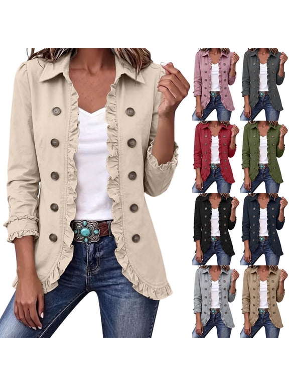 Women's Ruffle Trim Fall Jacket Stylish Double Button Detail Open Front Boho Jackets Plus Size Casual Lightweight Outerwear