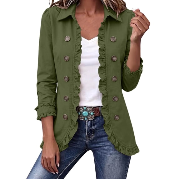 Gfyviroh Women's Ruffle Trim Fall Jacket Stylish Double Button Detail Open Front Boho Jackets Plus Size Casual Lightweight Outerwear