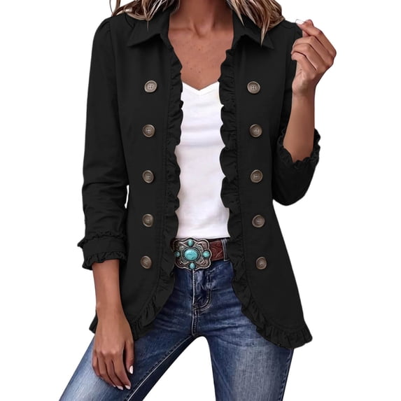 Gfyviroh Women's Ruffle Trim Fall Jacket Stylish Double Button Detail Open Front Boho Jackets Plus Size Casual Lightweight Outerwear