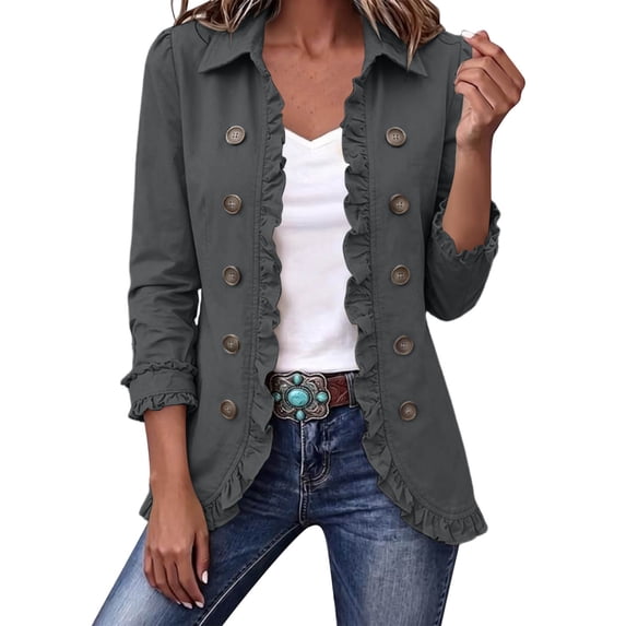Gfyviroh Women's Ruffle Trim Fall Jacket Stylish Double Button Detail Open Front Boho Jackets Plus Size Casual Lightweight Outerwear