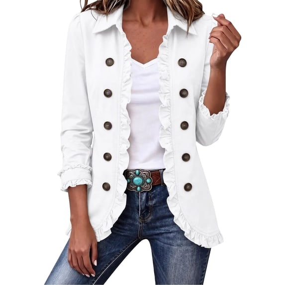 Gfyviroh Women's Ruffle Trim Fall Jacket Stylish Double Button Detail Open Front Boho Jackets Plus Size Casual Lightweight Outerwear